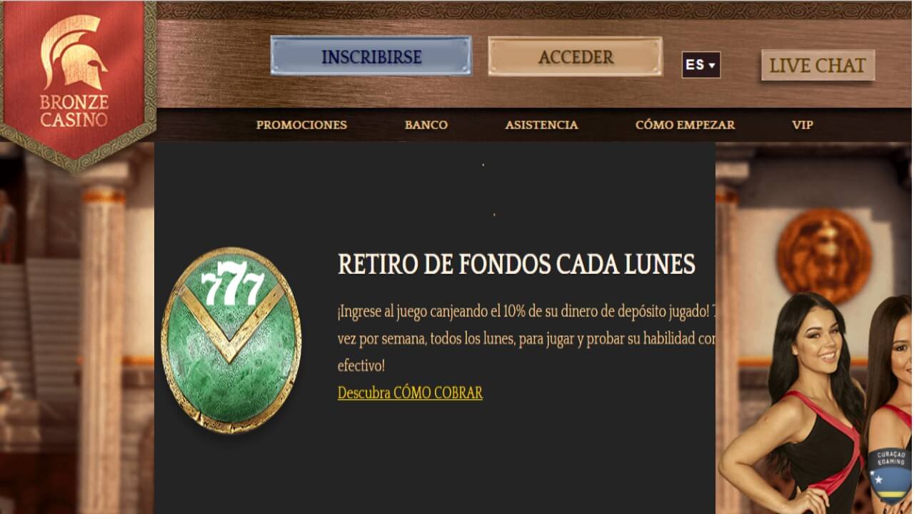 Bonos Bronze Casino 10% promocional por retiros los lunes