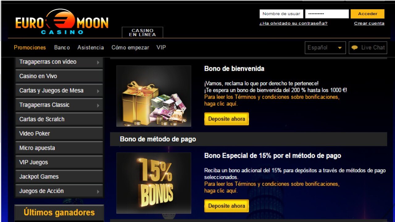 Bono de 15% por método de ingreso casino Euromoon