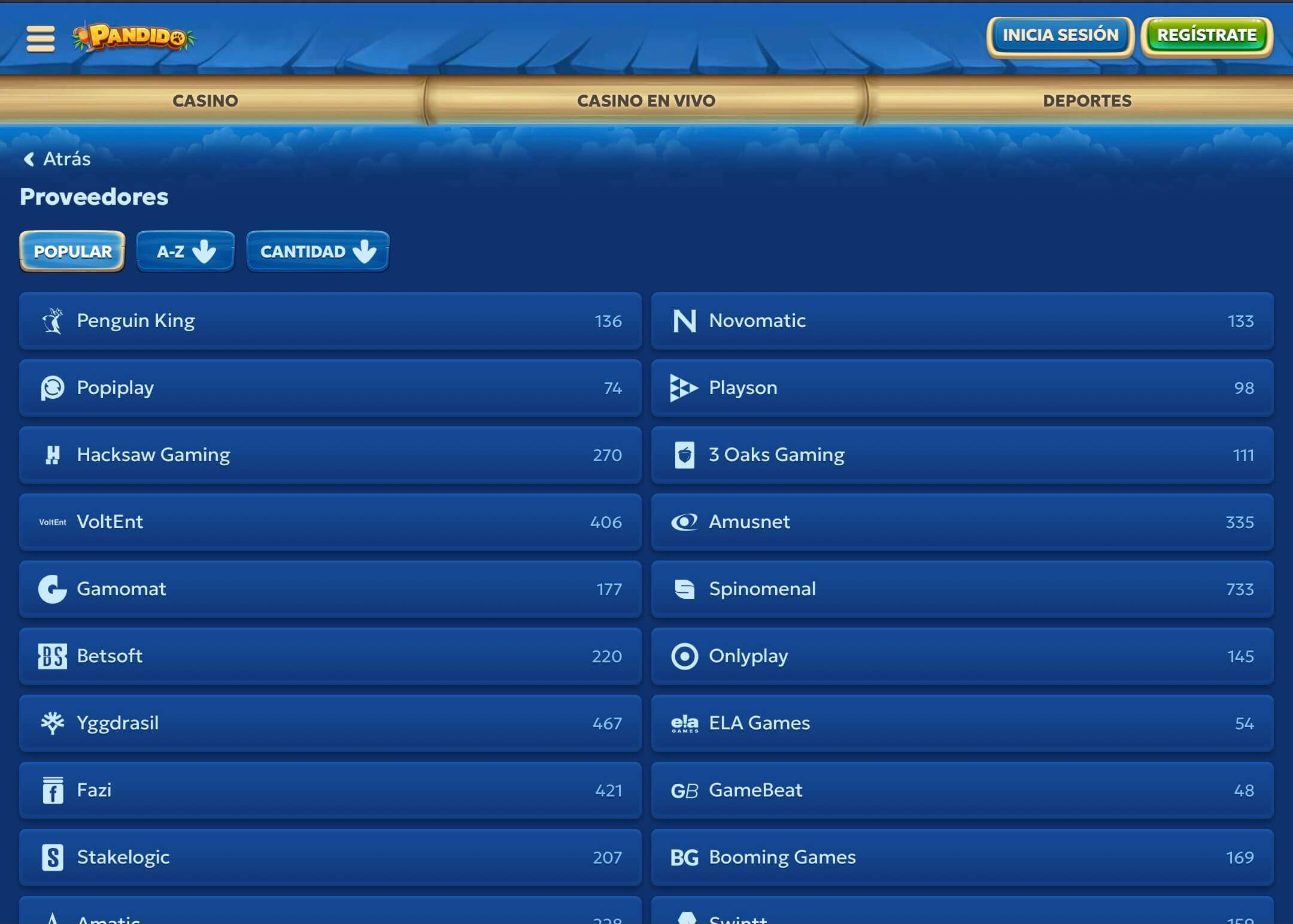 pandido casino proveedores